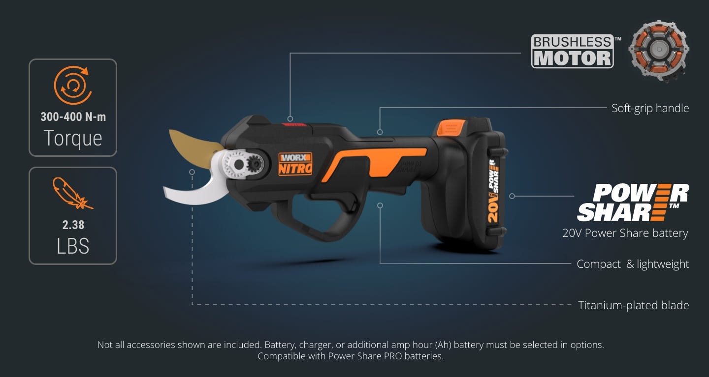 shears featuring: 2.38 pounds, 300-400 Nm torque, brushless motor, soft-grip handle, 20 volt power share battery, compact and lightweight, titanium-plated blade, not all accessories shown are included