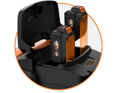 close up of the two power share pro batteries with an orange arrow of how they slide into place