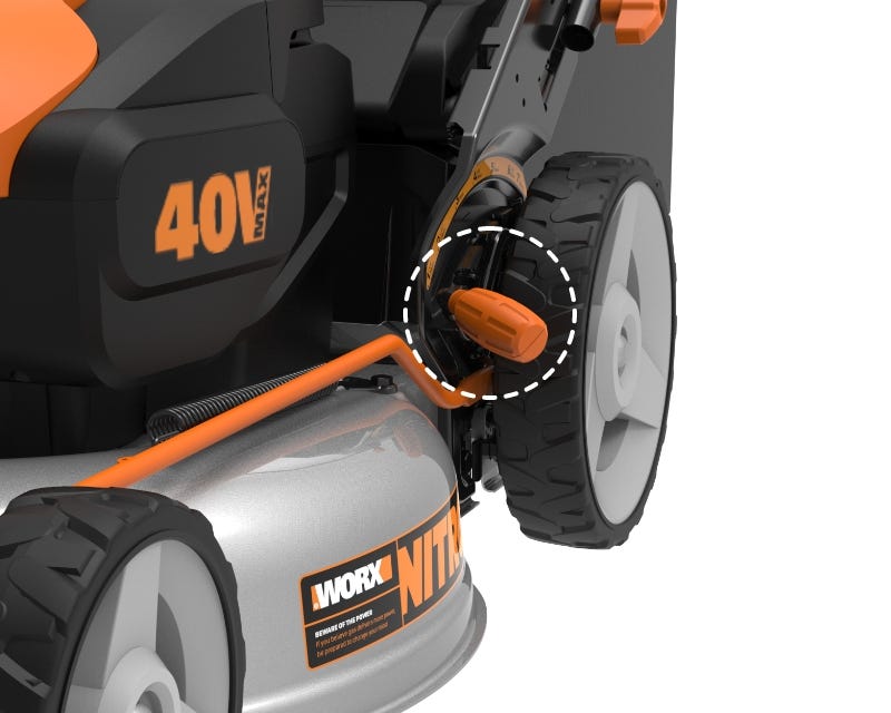 close up of the side of the mower with the orange handle circled