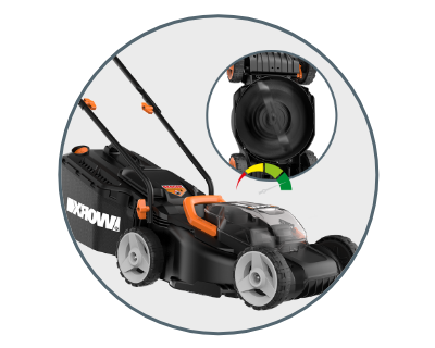 image of the mower with a small inset of the bottom of the mower