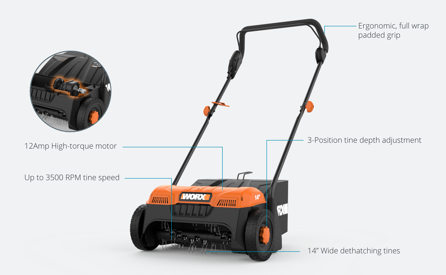 dethatcher featuring: 12 amp high-torque motor, up to 3500 RPM tine speed, ergonomic, full wrap padded grip, 3-position tine depth adjustment, 14 inch wide dethatching tines