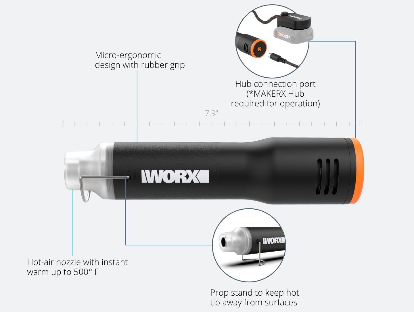 mini heat gun featuring: micro-ergonomic design with rubber grip, hot-air nozzle with instant warm up to 500 degrees ferenheit, hub connection port, makerx hub required for operation, prop stand to keep hot tip away from surfaces