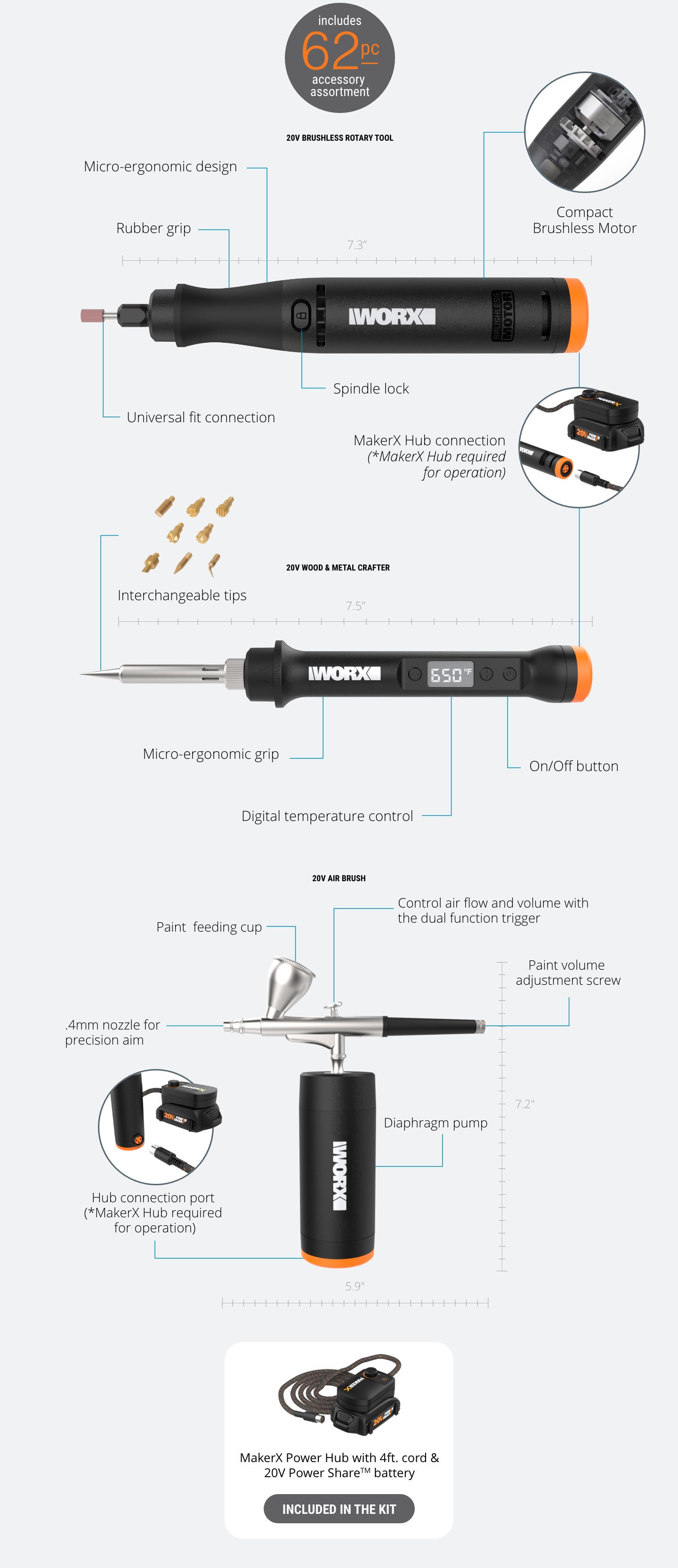 combo kit feauturing: 62 accesories, micro ergonomic grip, universal fit connection, spindle lock, brushless motor, interchangeable tips, paint feeding cup, digital temp control, on/off button, .4mm nozzle, control air flow, makerx hub required 