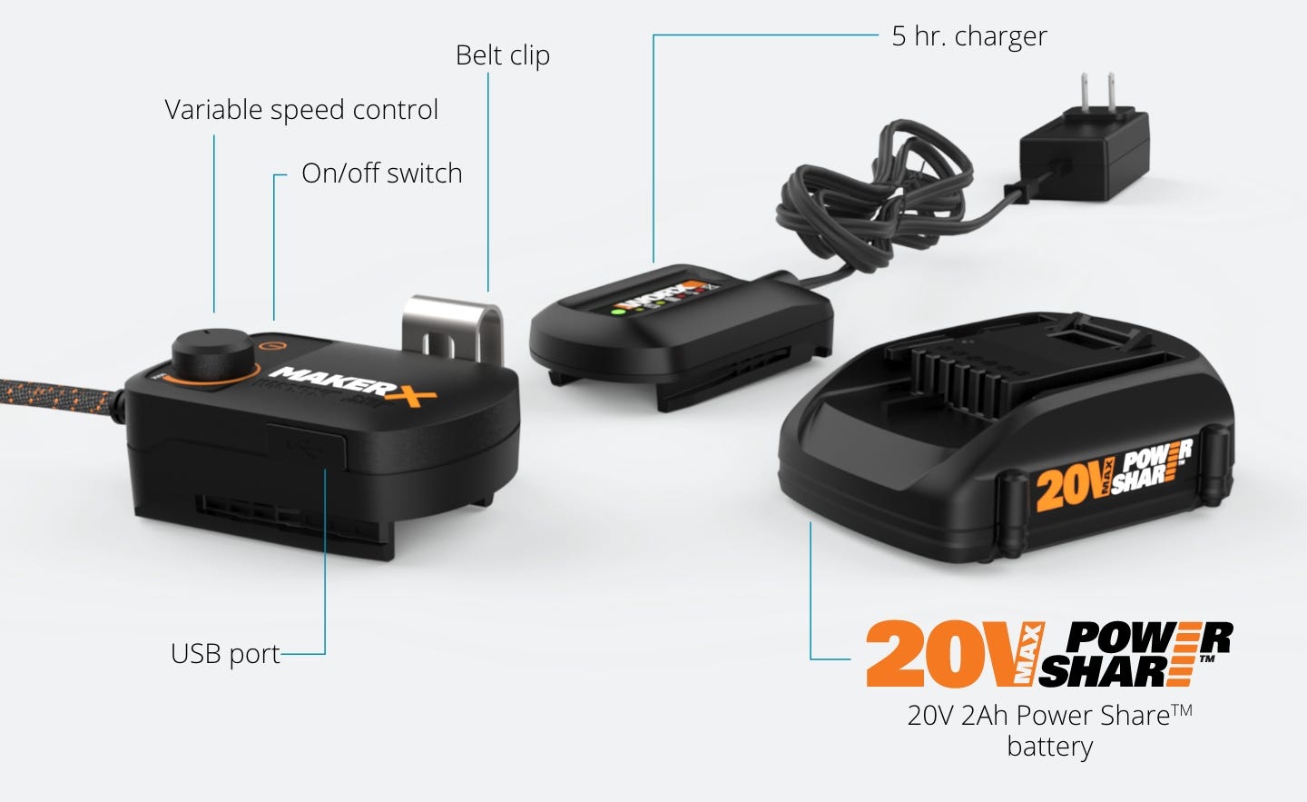 kit featuring: belt clip, variable speed control, on/off switch, USB port, 5 hour charger, 20V 2.0AH power share battery