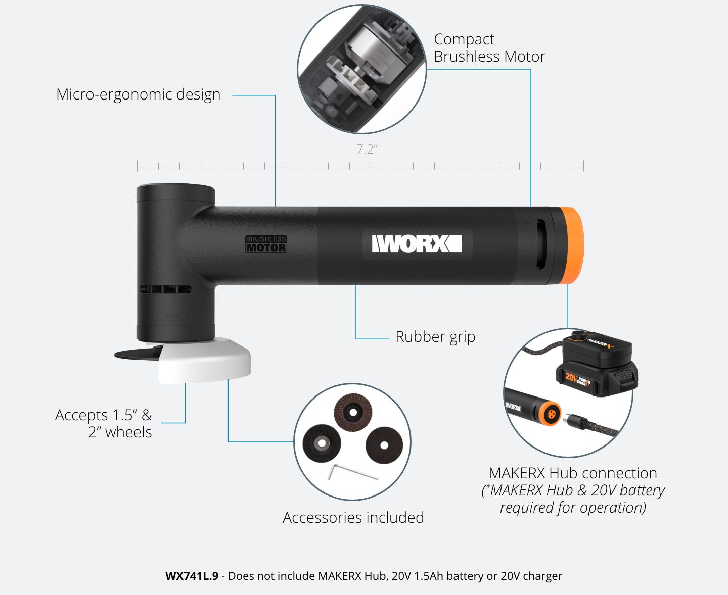 angle grinder featuring: micro-ergonomic design, compact brushless motor, accepts 1.5 and 2 inch wheels, rubber grip, accessories included, makerx hub connection required for operation