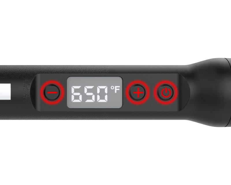 close up image of the  temperature display and the on/off button