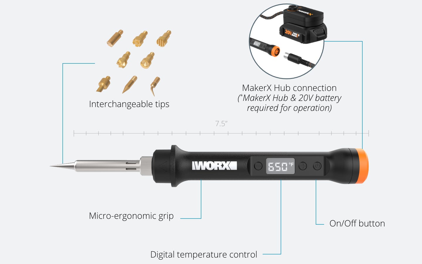 makerx wood and metal crafter featuring: interchangeable tips, micro-ergonomic grip, on/off button, digital temperature control, MakerX Hub connection, makerx hub required for operation