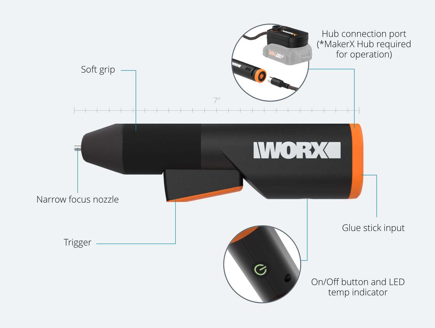 glue gun featuring: soft grip, narrow focus nozzle, trigger, hub connection port required for operation, glue stick input, on/off button and LED temp idicator