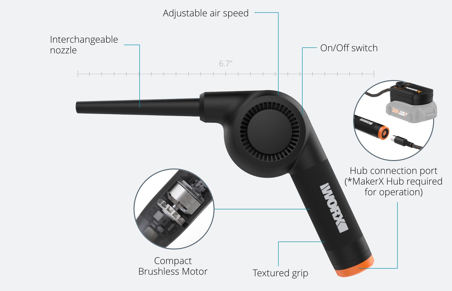 MakerX Mini Blower featuring: adjustable air speed, interchanheable nozzle, on/off switch, compact brushless motor, textured grip, Hub connection port 