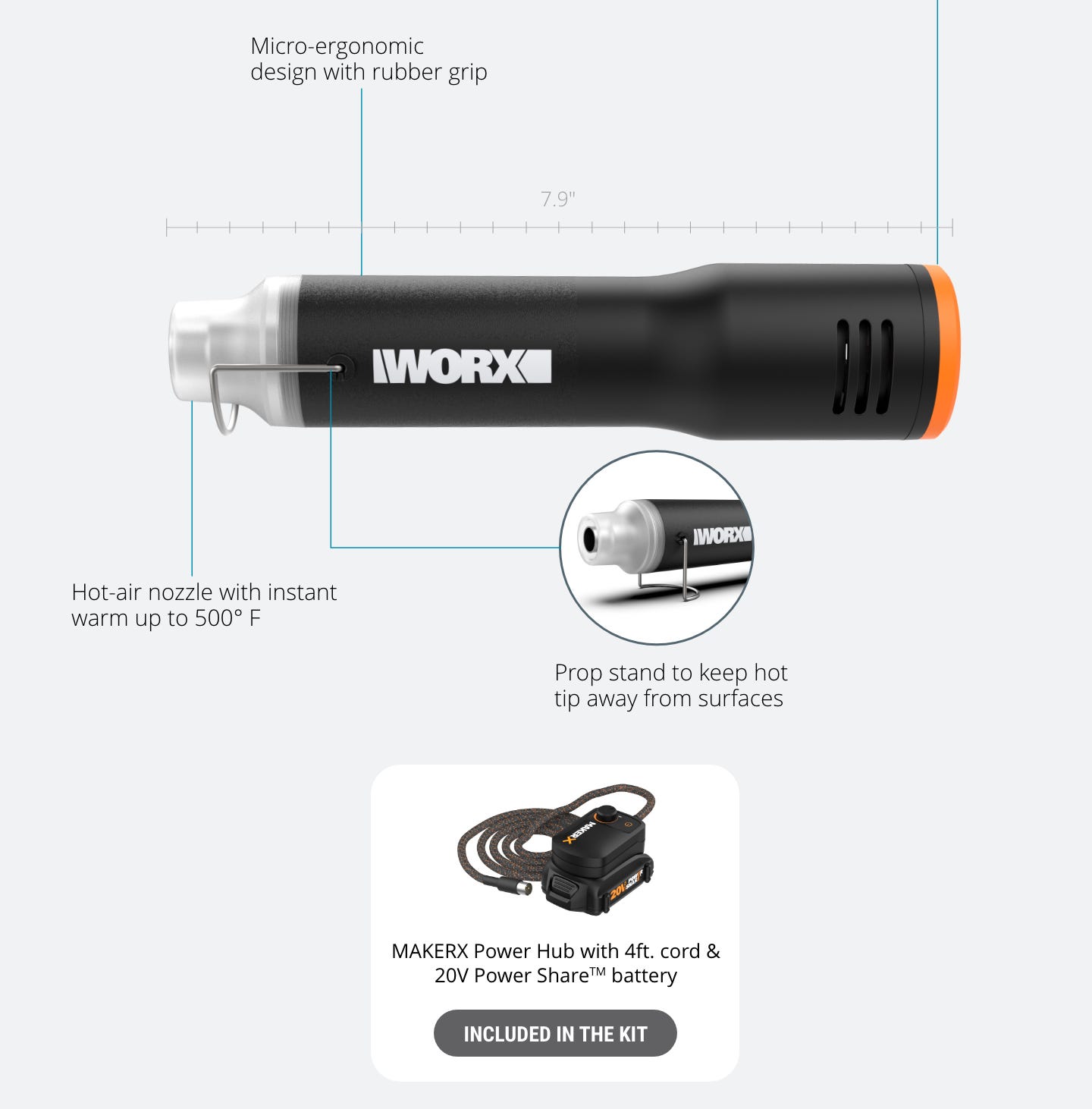 MakerX Heat Gun featuring: micro-ergonomic design with rubber grip, hot-air nozzle with instant warm up to 500 degrees Ferenheit, prop stand to keep hot tip away from surfaces, MakerX Power Hub with 4 ft. cord and 20V Power Share battery included in the k