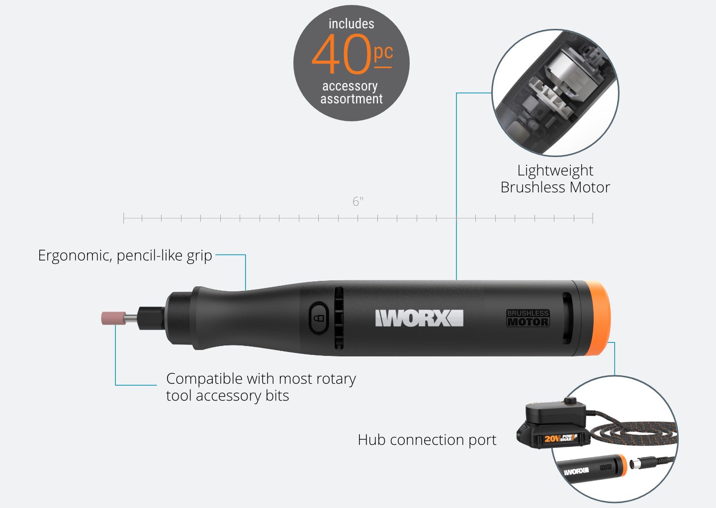 MakerX Rotary tool featuring: lightweight brushless motor, ergonomic, pencil like grip, compatibl with most rotary tool accessory bits, Hub connection port