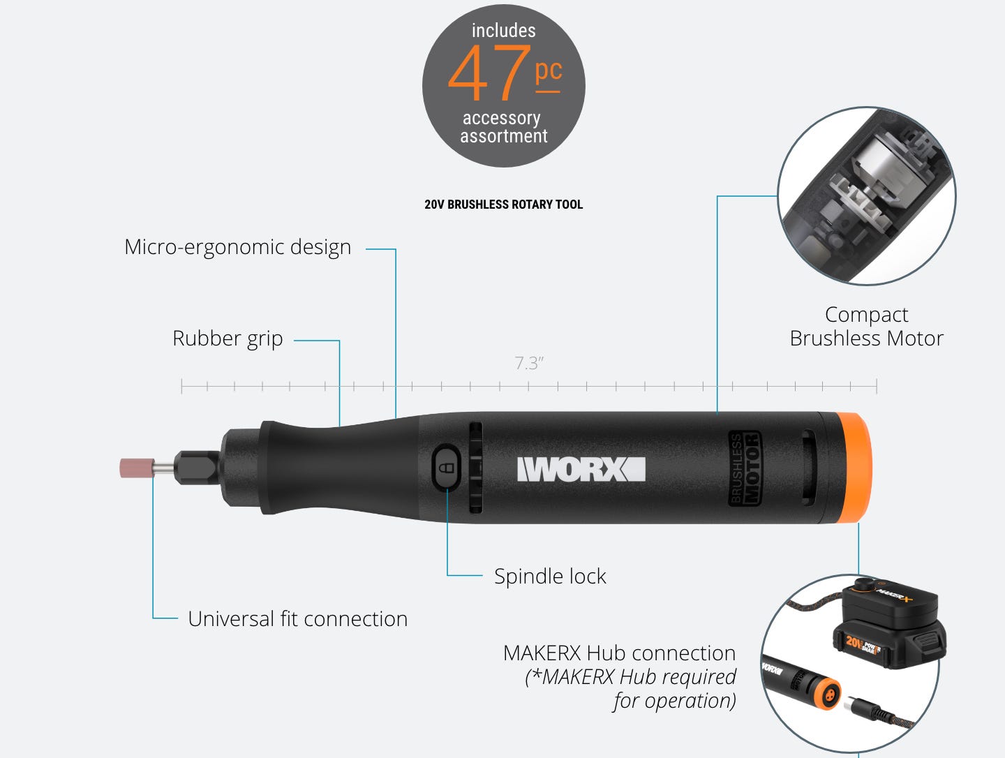 combo kit rotary tool featuring: 47 accessories, micro-ergonomic design, rubber grip, universal fit connection, spindle lock, compact brushless motor, makerx hub connection required