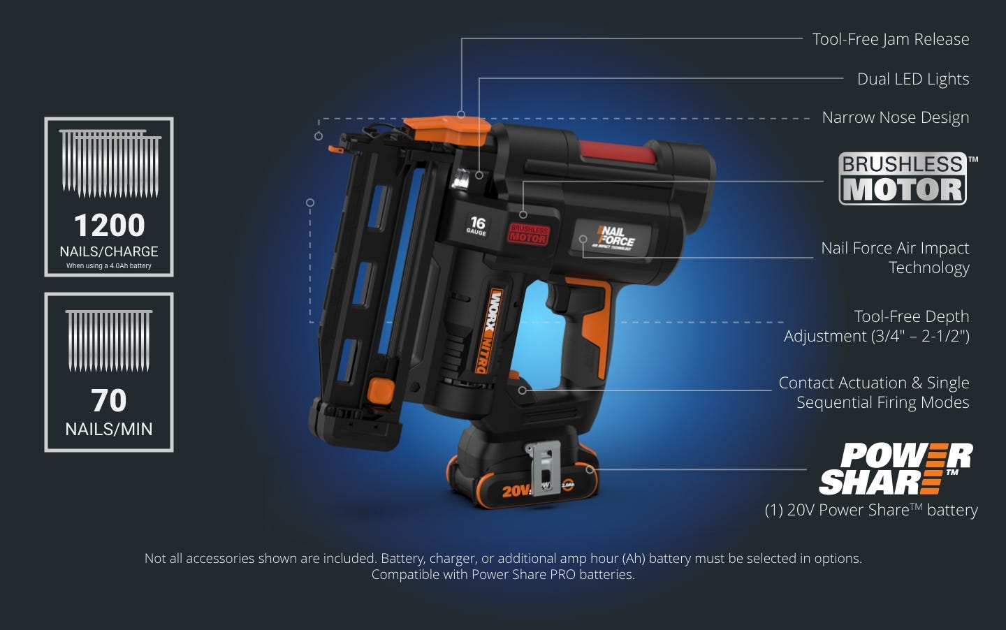 Worx Nitro 20V 16GA Brushless Finish Nail Gun