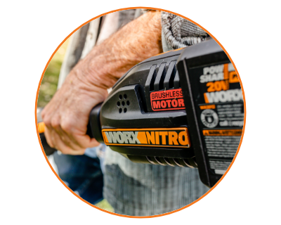 man holding the trimmer with a close up of the top with the Worx Nitro and brushless motor logo