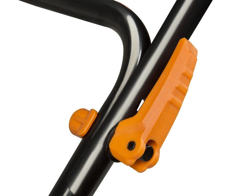 close up of the black handle and the orange lock 