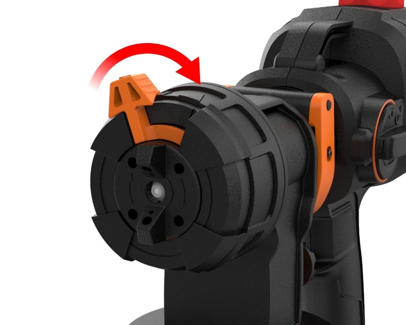 close up of the nozzle with orange adjustment lever and red arrow