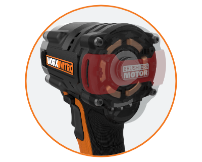 close up of the back of the impact wrench and the red brushless motor logo and a cutaway of the motor