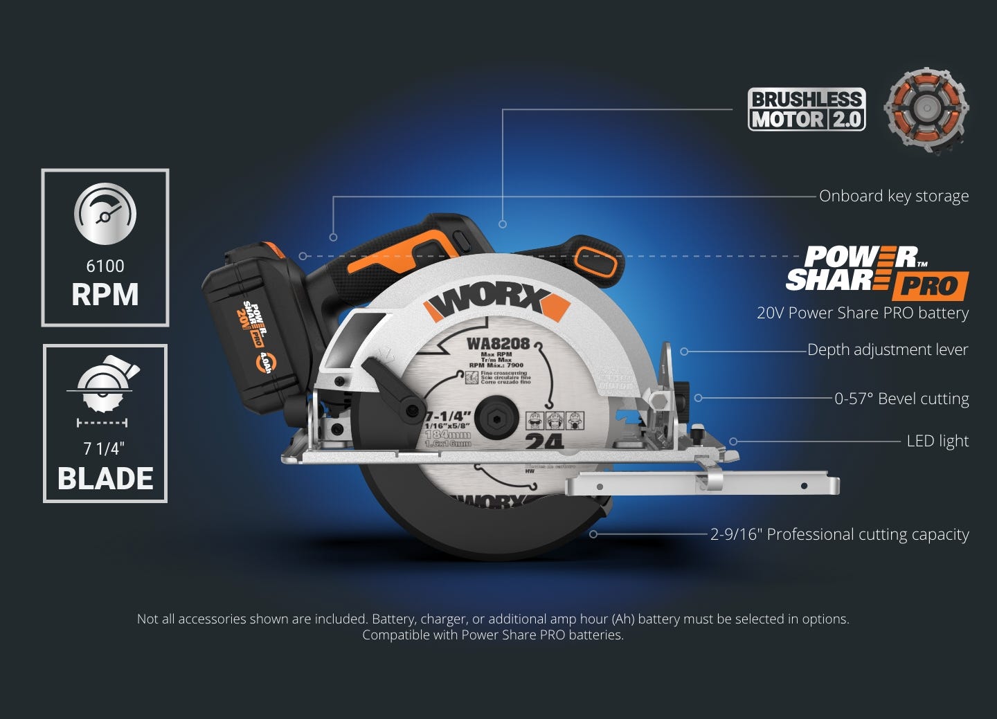 Saw featuring: 6100 RPM, 7 1/4 inch blade, brushless motor, onboard key storage, power share pro battery, depth adjustment lever, 0-57 degrees bevel cutting, LED light, 2-9/16 inch professional cutting capacity. not all accessories shown are included.