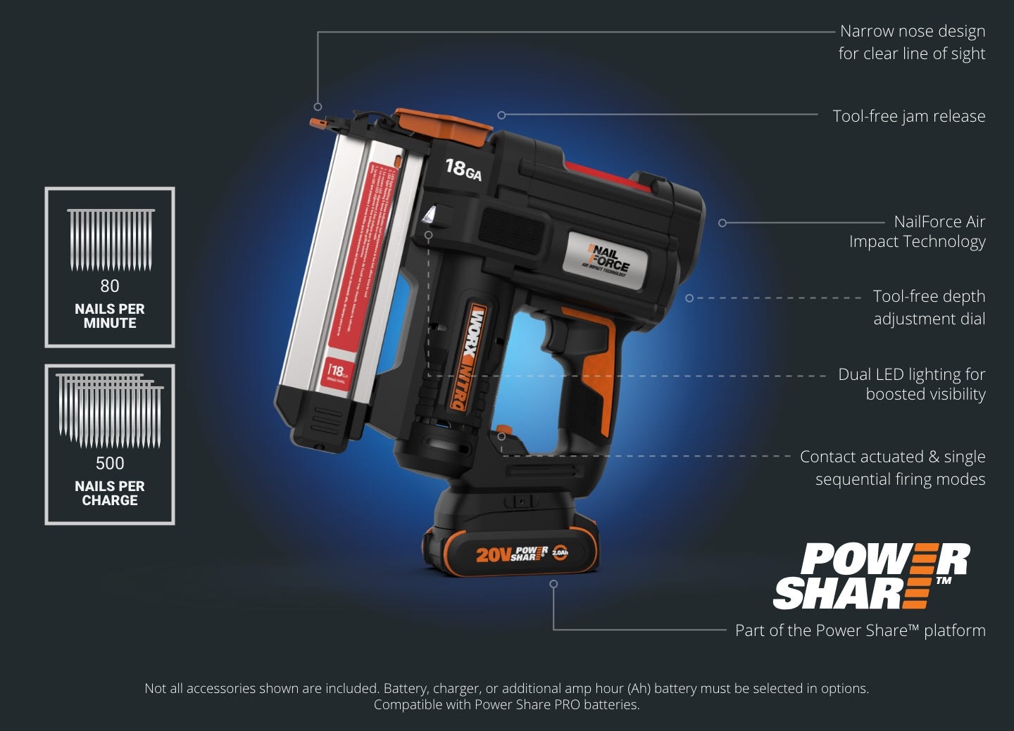 brad nail gun featuring: 80 nails per minute, narrow nose design, tool free jam release, nailforce air technology, dual LED lighting, contact actuated and single sequential firing modes, part of the the power share platform