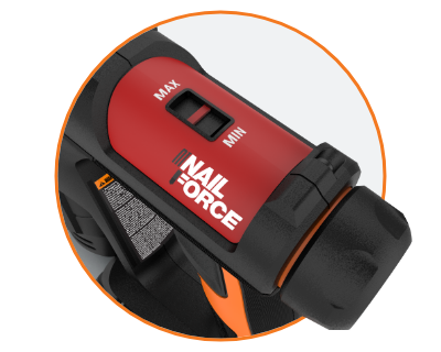 close up of the top of the stapler with the red switch and the nail force logo