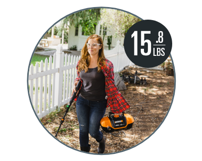 woman wearing a plaid shirt carrying the pressure washer by the handle