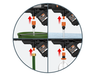 close up of the Hydroshot pulling water from a bucket, a pond, a hose, or a bottle