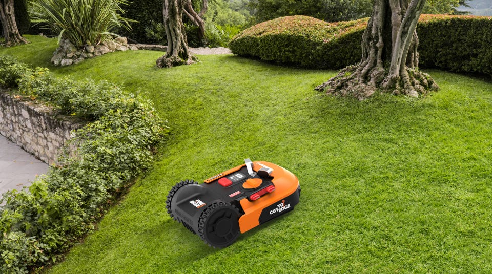 landroid in a yard with green grass lanscaped with trees and bushes