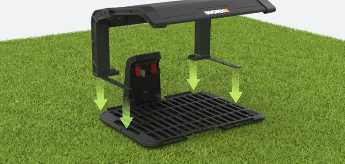 simulated graphic of the charging base and green arrows depciting how to install it into the yard