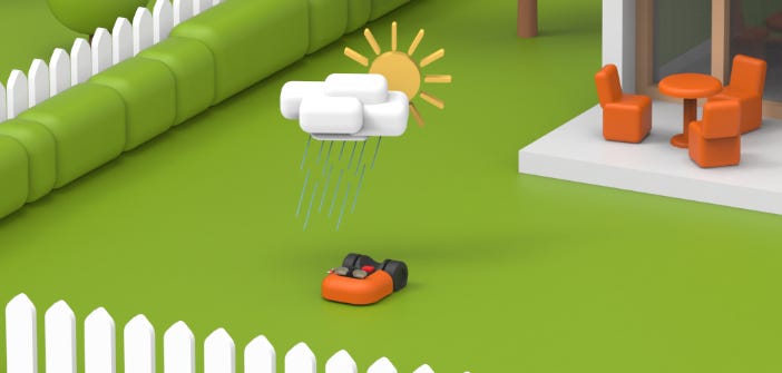 SIMULATION OF A LANDROID MOWING A LAWN WITH A WHITE PICKET FENCE