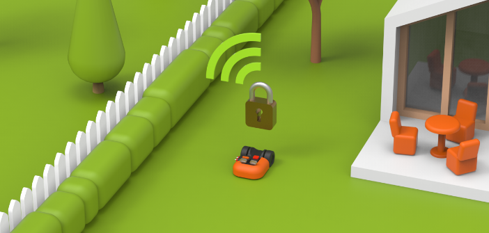 simulated image of a landroid in a yard with a white picket fence with a lock over the landroid