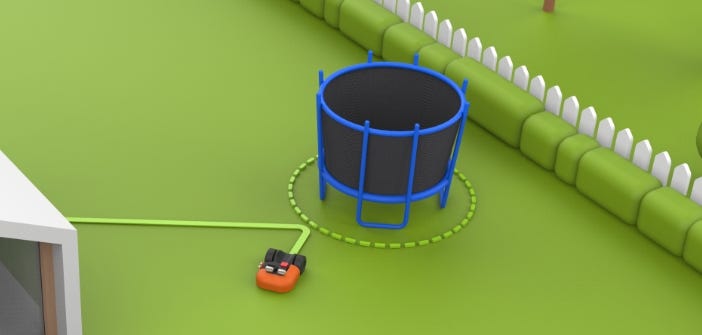 simulated image of a landroid going around a trampoline in a yard
