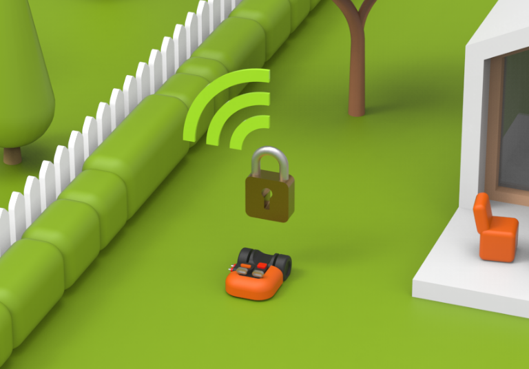 simulated image of a landroid in a fenced in yard and a lock shown over it