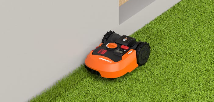 simulated image of a landroid cutting the grass next to a house