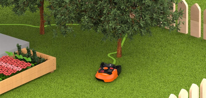 simulated image of a landroid in a yard and a green line to depict how it's going around a tree and not bumping into it