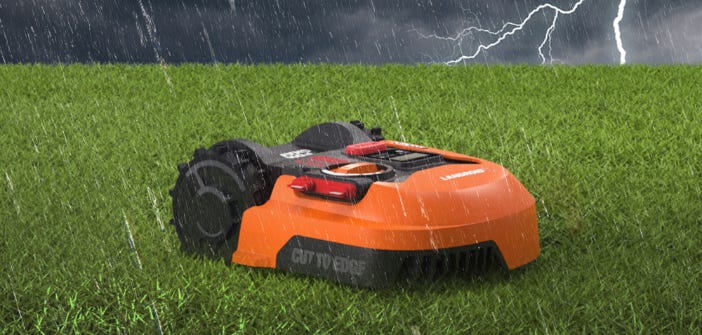 simulated image of the landroid on green grass with the lightning  and rain in the sky