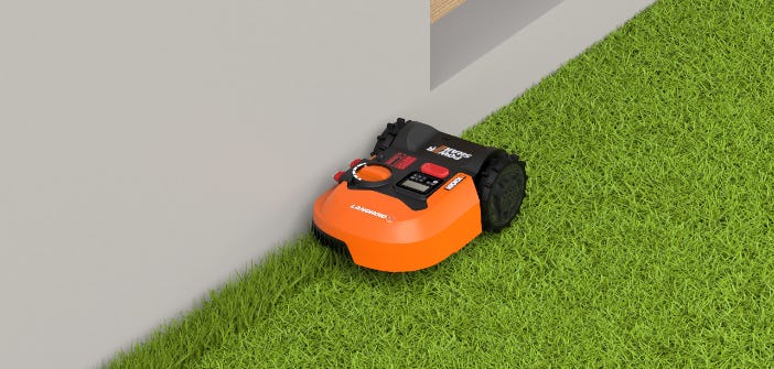 simulated image of a landroid cutting the grass directly next to a house