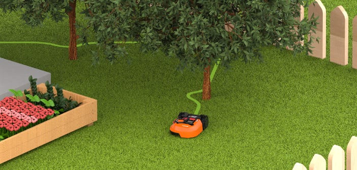 simulated image of the landroid in a yard going around a tree