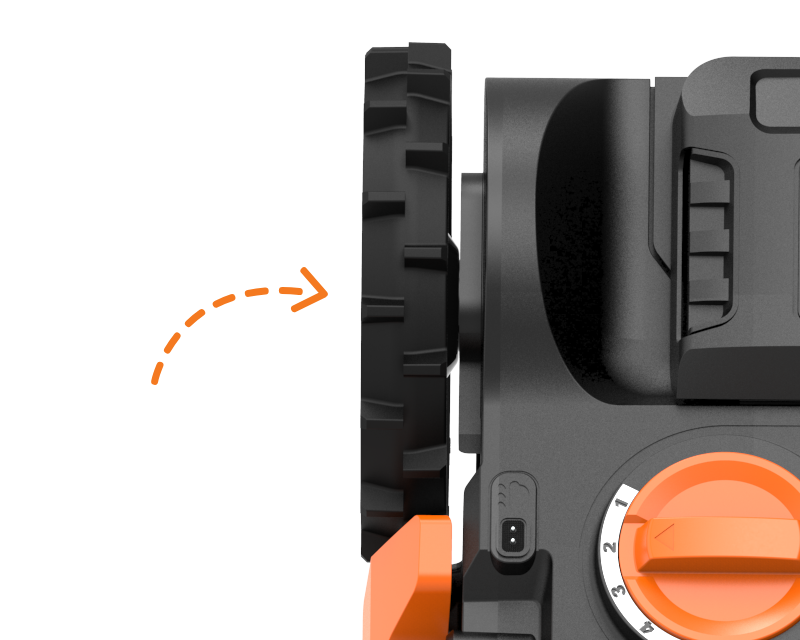 close up image of the wheel with an orange arrow pointing to it