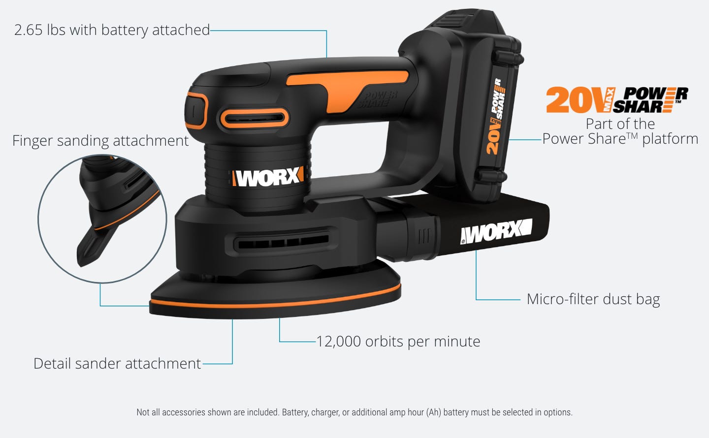 sander featuring: 2.65 pounds with abttery attached, finger sanding attachment, part of the power share platform, micro-filter dust bag, 12,000 orbits per minute, detail sander attachment