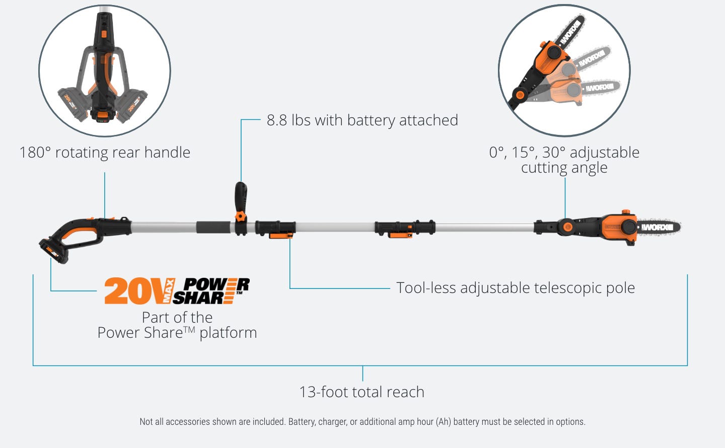 featuring: 180 degree rotating rear handle, 8.8 lbs with battery attached, part of the power share platform, tool-less adjustable telescopic pole, 13 ft. total reach, 0, 15 and 30 degree cutting angle