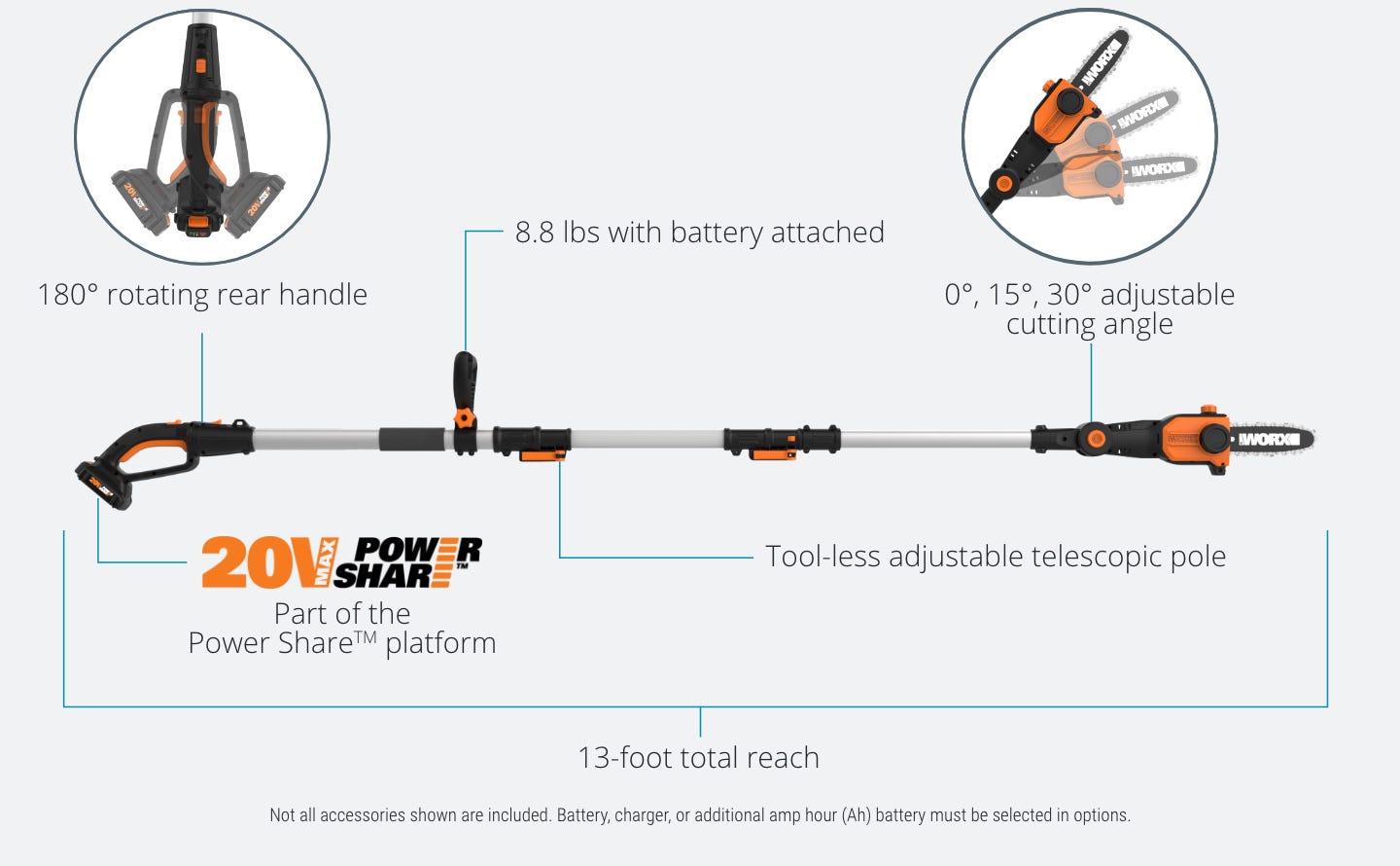 featuring: 180 degree rotating rear handle, 8.8 lbs with battery attached, part of the power share platform, tool-less adjustable telescopic pole, 13 ft. total reach, 0, 15 and 30 degree cutting angle