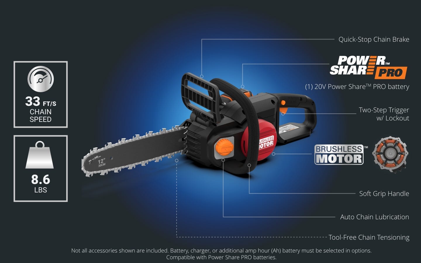 Get to know the Worx Nitro 20V Brushless 12" Cordless Chainsaw