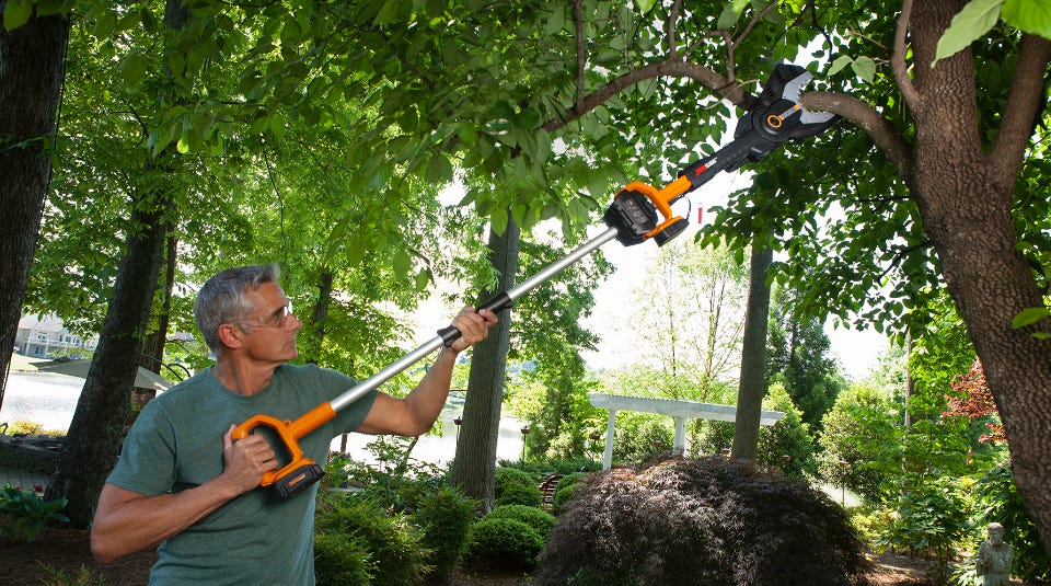 image of a man using a worx chain saw attached to the pole and cutting down a tree limb