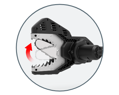 Electric chainsaw with blades displaying and showing an red  arrow indicating the blade is moving in an up and down motion.