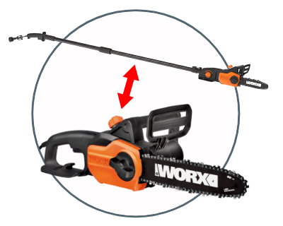 chainsaw with double arrow pointing at pole saw