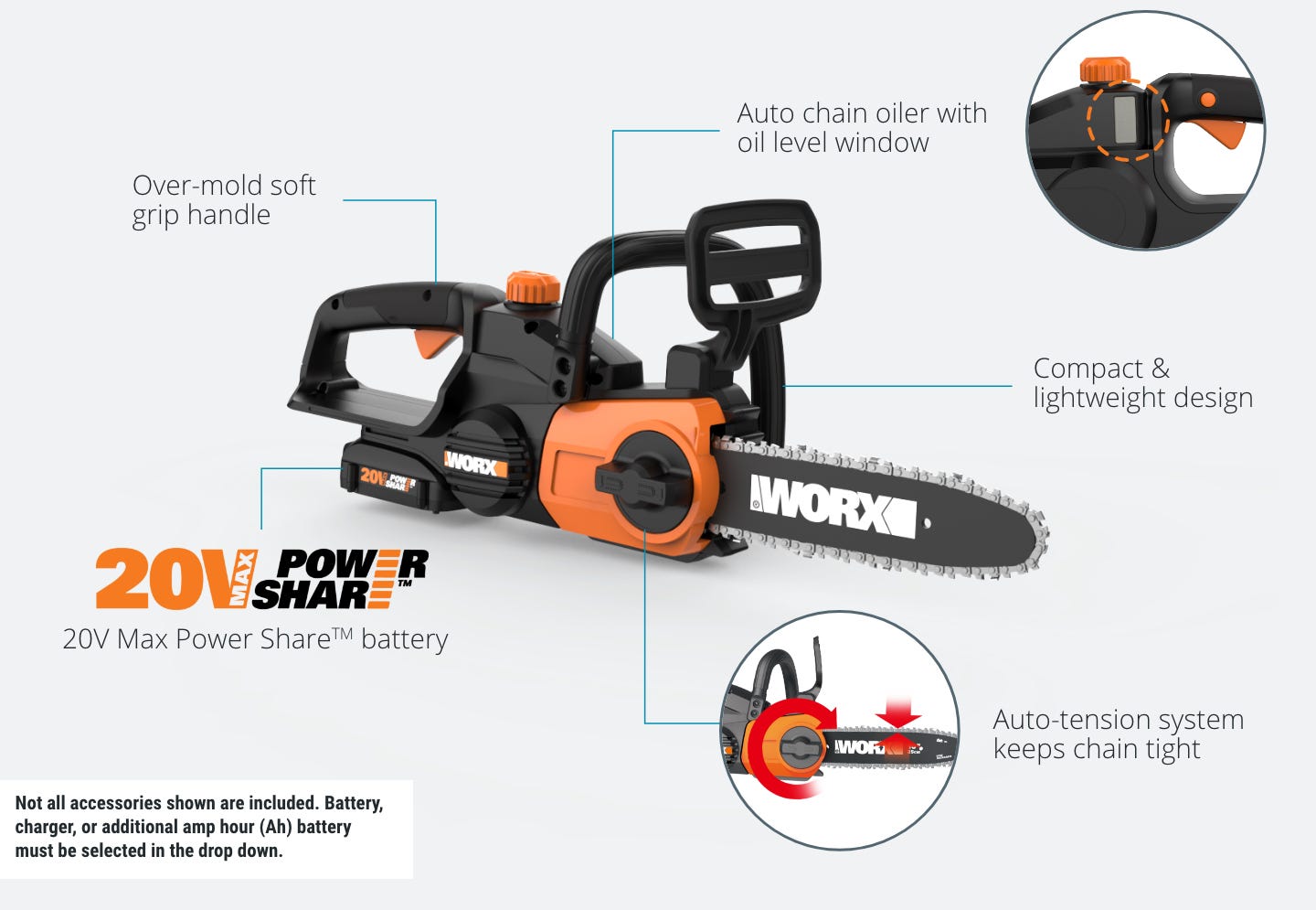 chain saw featuring: over mold soft grip handle, auto chain oiler with oil level window, compact and lightweight design, auto tension system, part of the power share platform