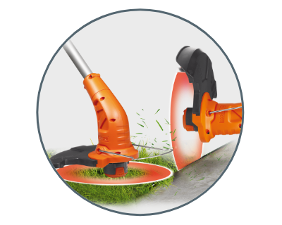 simulated image of the trimmer in use and being used as a trimmer and an edger