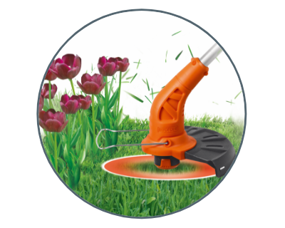 simulated image of the trimmer in use and the flower guard up and it trimming grass next to the flowers