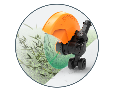 simulated image of the trimmer head in edger mode and cutting the grass next to a sidewalk