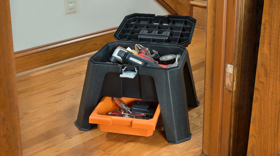 image of the step stool open and filled with tools